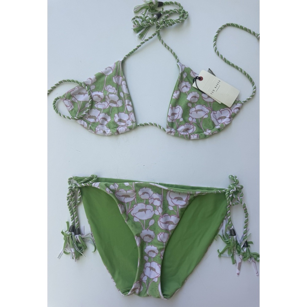 Ted Baker Reversible Bikini Set 0 XS Green Floral Braided Tassel Swimsuit NWT